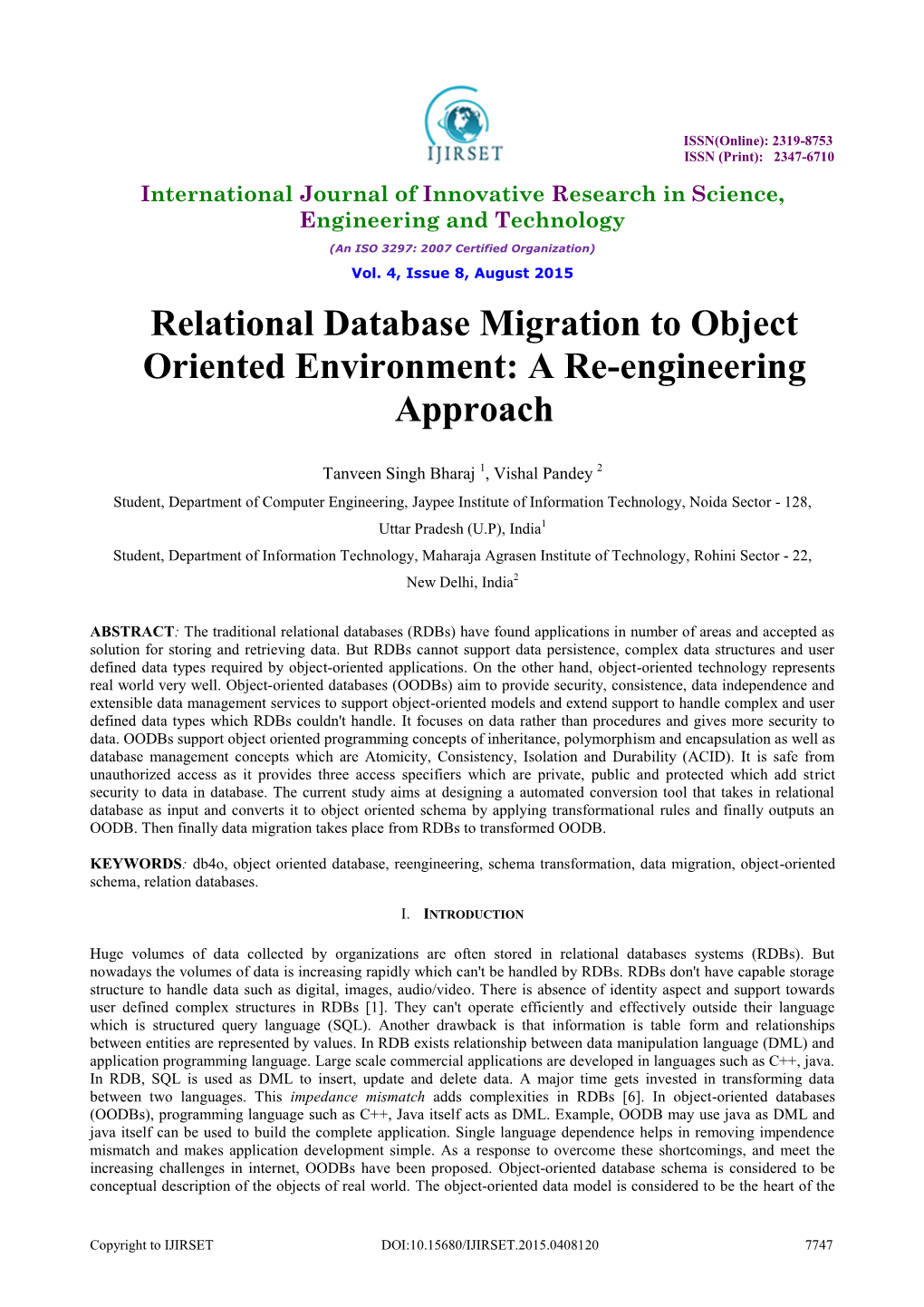 Relational Database Migration to Object Oriented Environment: a Re-Engineering Approach