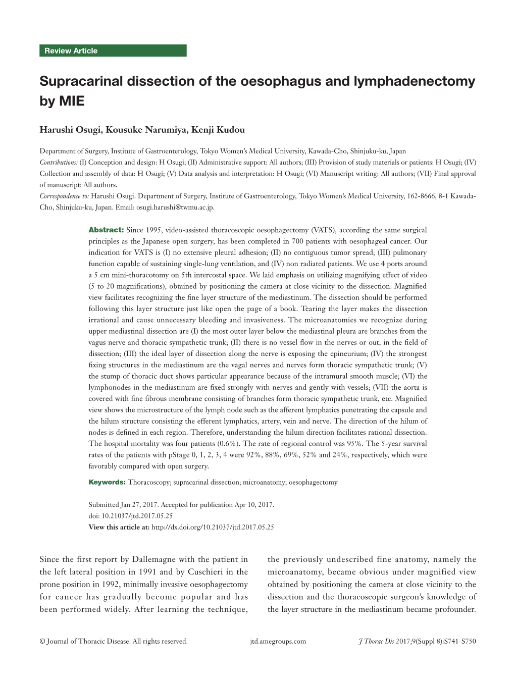 Supracarinal Dissection of the Oesophagus and Lymphadenectomy by MIE