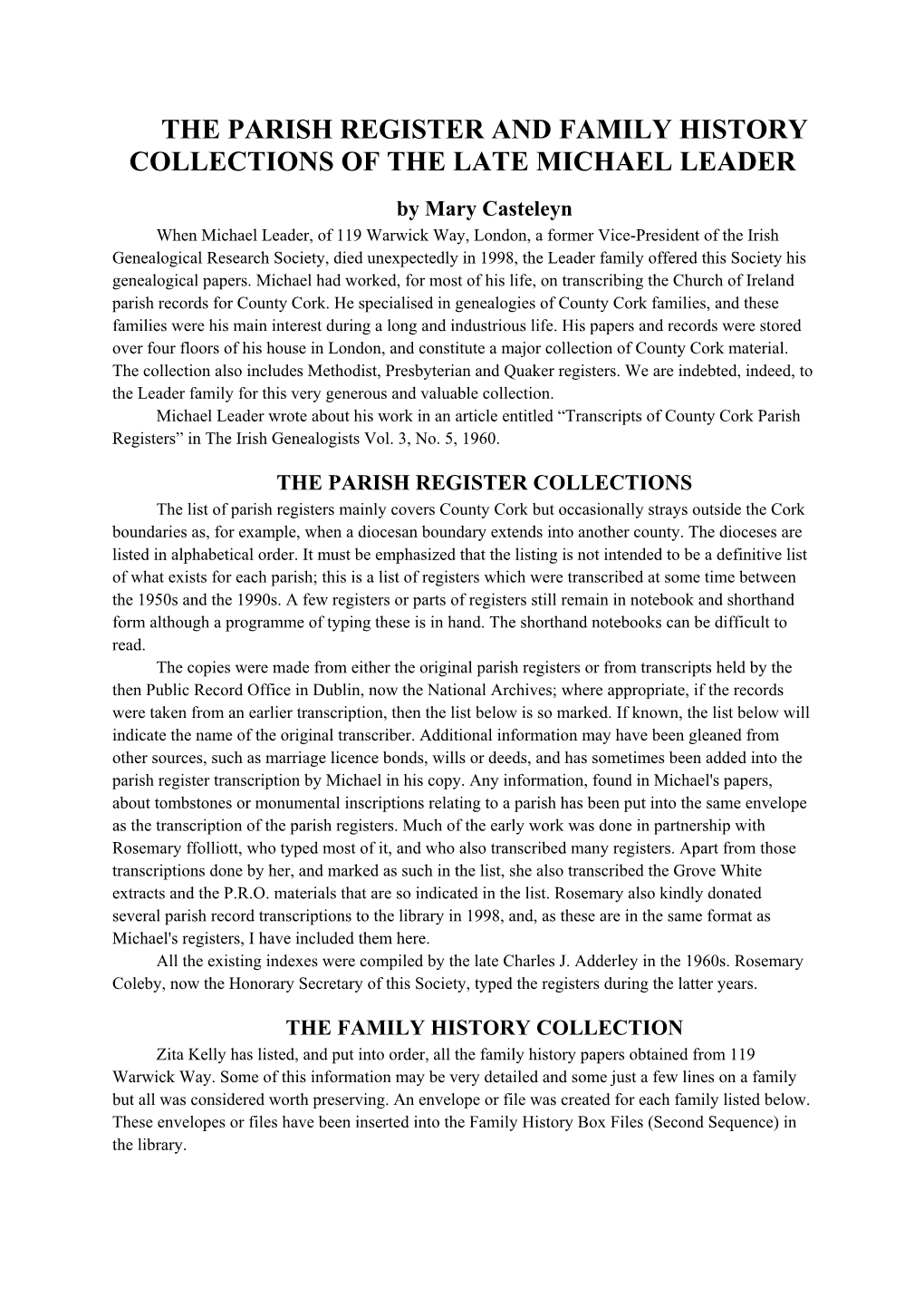 The Parish Register and Family History Collections of the Late Michael Leader