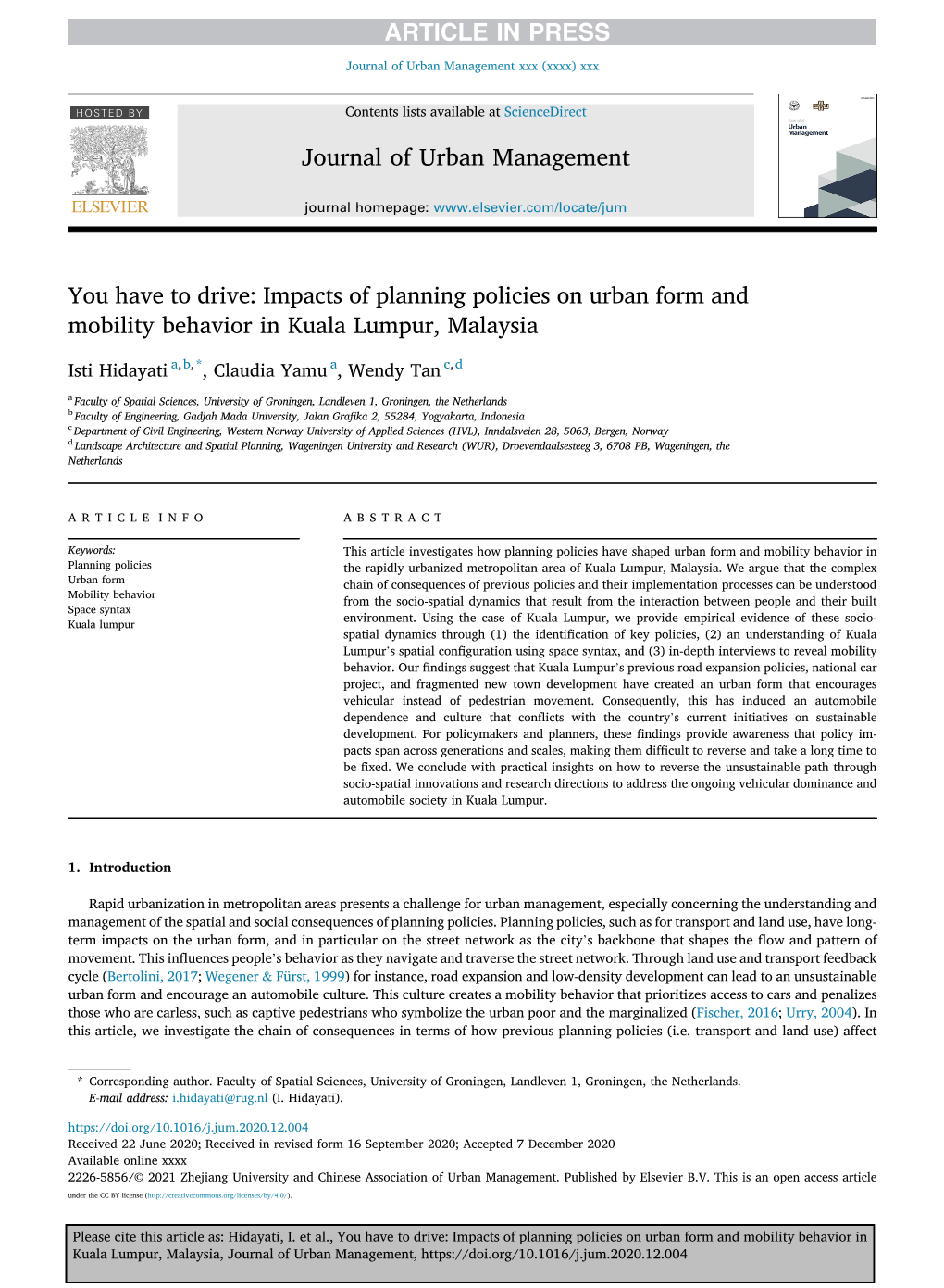 You Have to Drive: Impacts of Planning Policies on Urban Form and Mobility Behavior in Kuala Lumpur, Malaysia