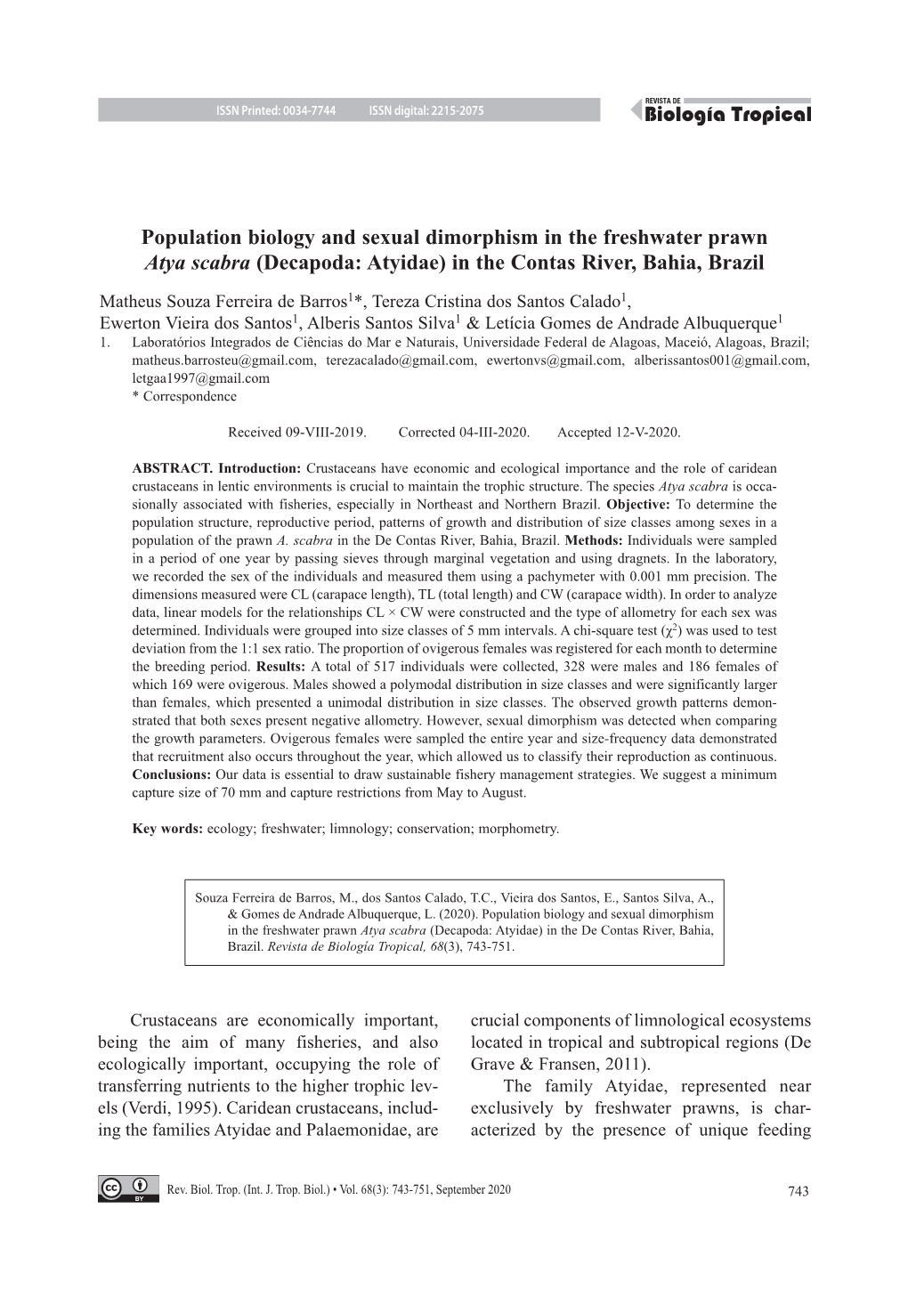 Population Biology and Sexual Dimorphism in the Freshwater Prawn Atya Scabra (Decapoda: Atyidae) in the Contas River, Bahia, Brazil