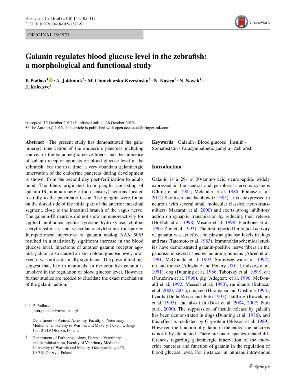 Galanin Regulates Blood Glucose Level in the Zebrafish: a Morphological and Functional Study