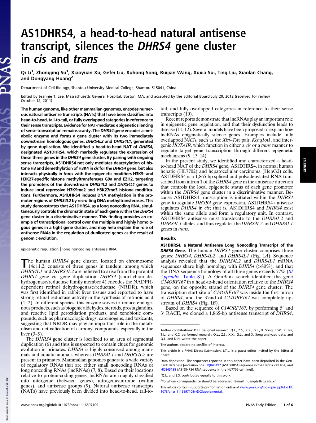 AS1DHRS4, a Head-To-Head Natural Antisense Transcript, Silences the DHRS4 Gene Cluster in Cis and Trans