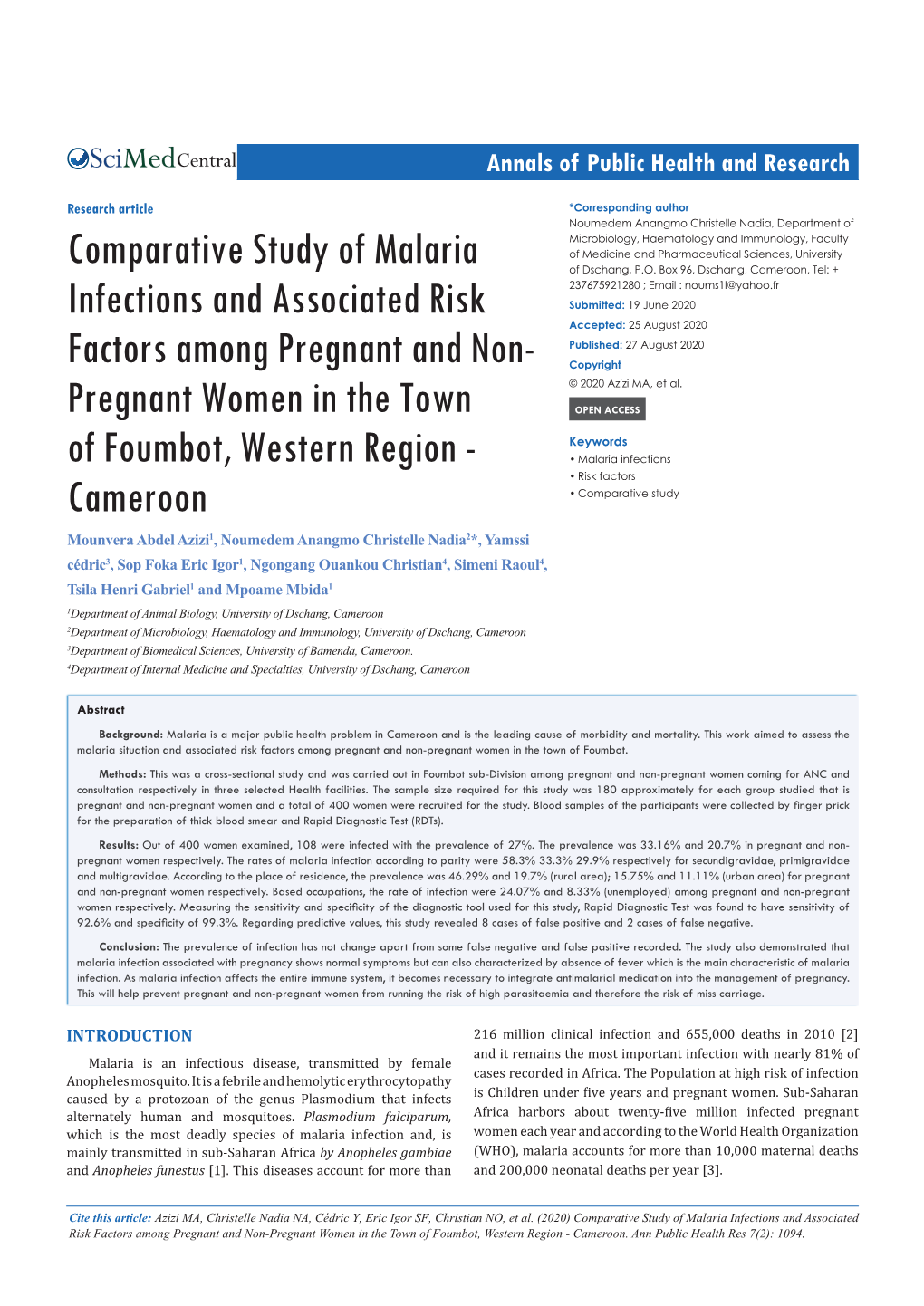 Comparative Study of Malaria Infections and Associated Risk Factors Among Pregnant and Non-Pregnant Women in the Town of Foumbot, Western Region - Cameroon