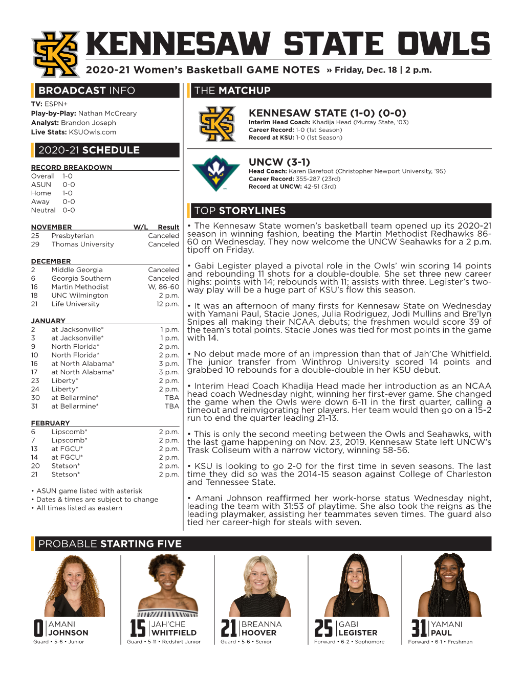 KENNESAW STATE OWLS 2020-21 Women’S Basketball GAME NOTES » Friday, Dec