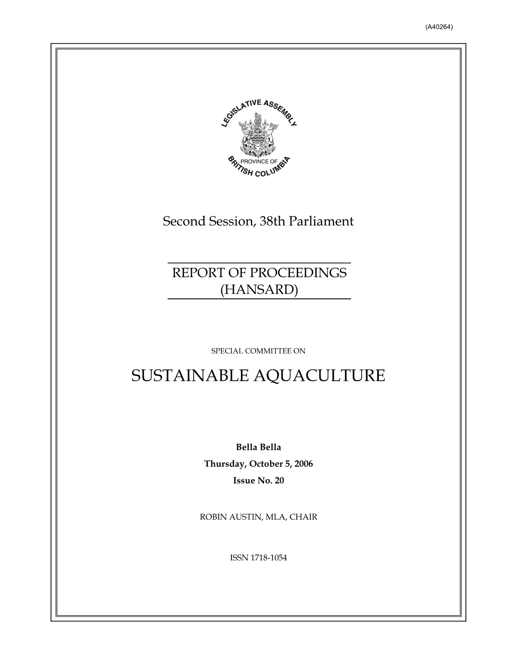 Sustainable Aquaculture — Thursday, October 5, 2006 A.M. — Issue No. 20