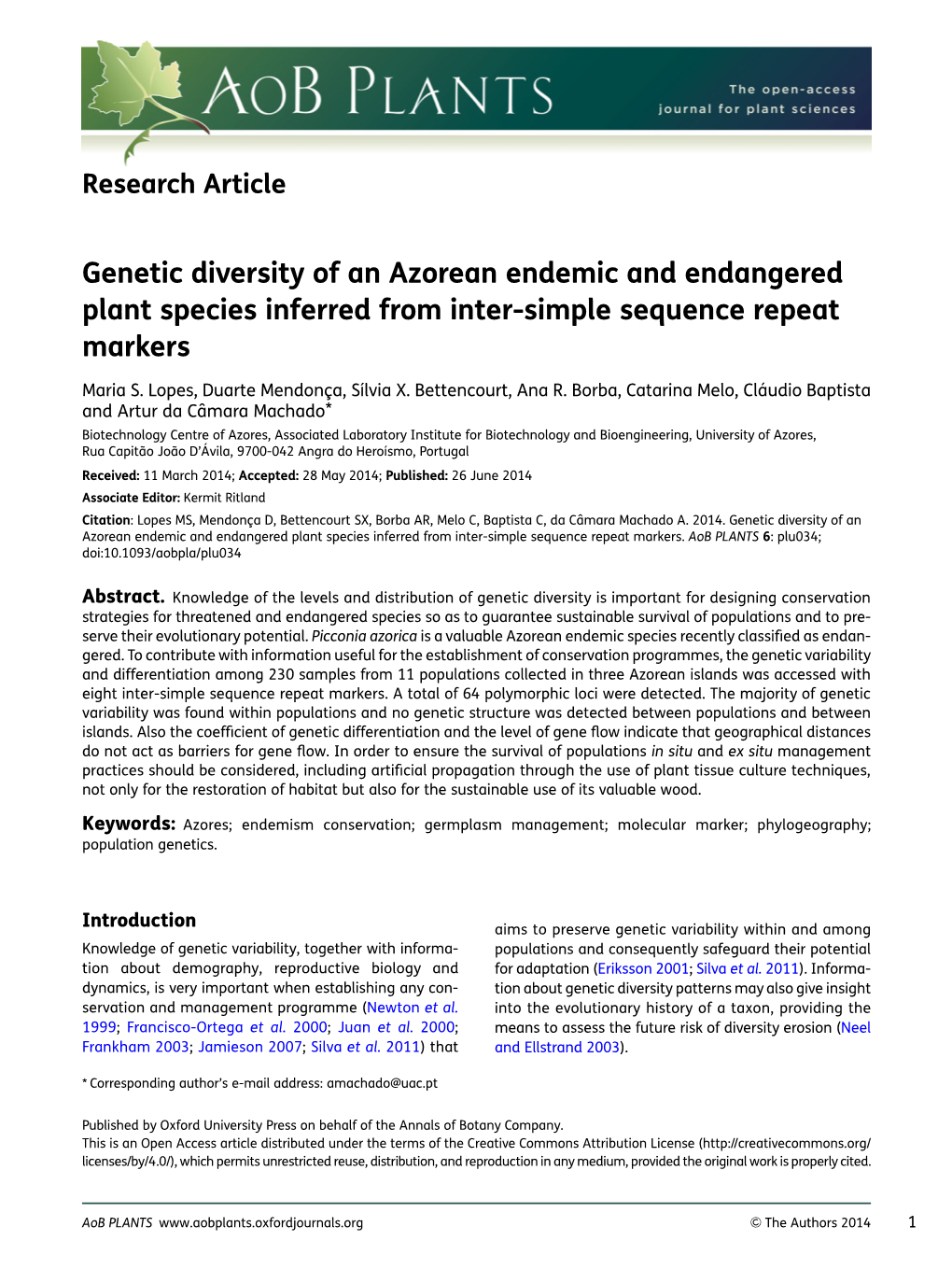 Genetic Diversity of an Azorean Endemic and Endangered Plant Species Inferred from Inter-Simple Sequence Repeat Markers