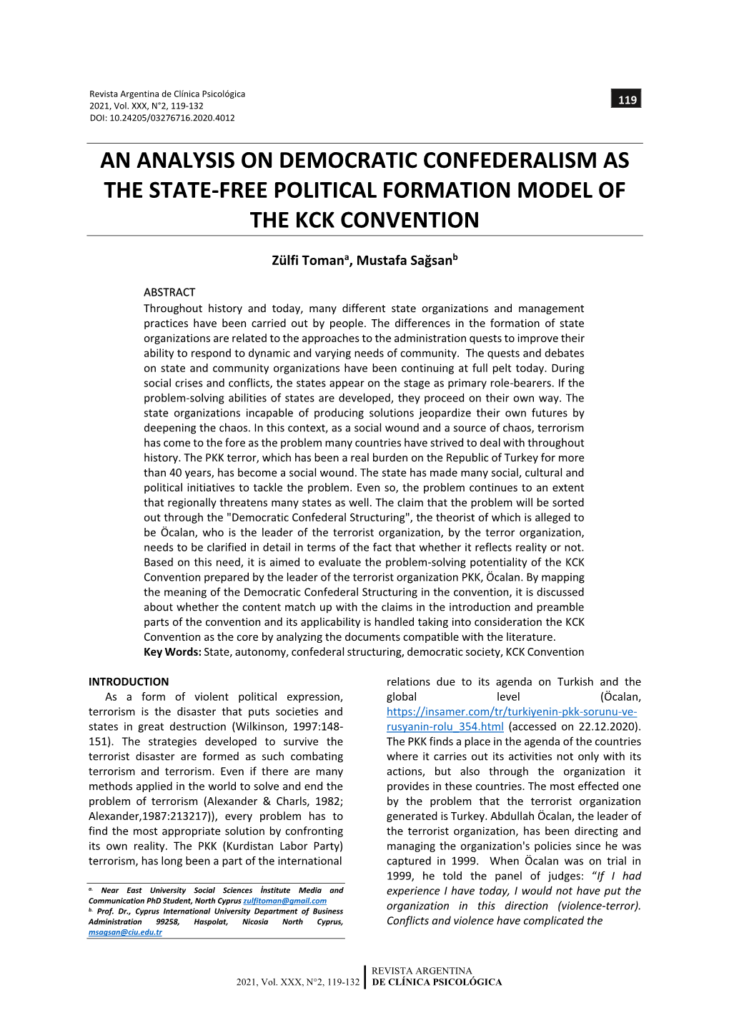 An Analysis on Democratic Confederalism As the State-Free Political Formation Model of the Kck Convention