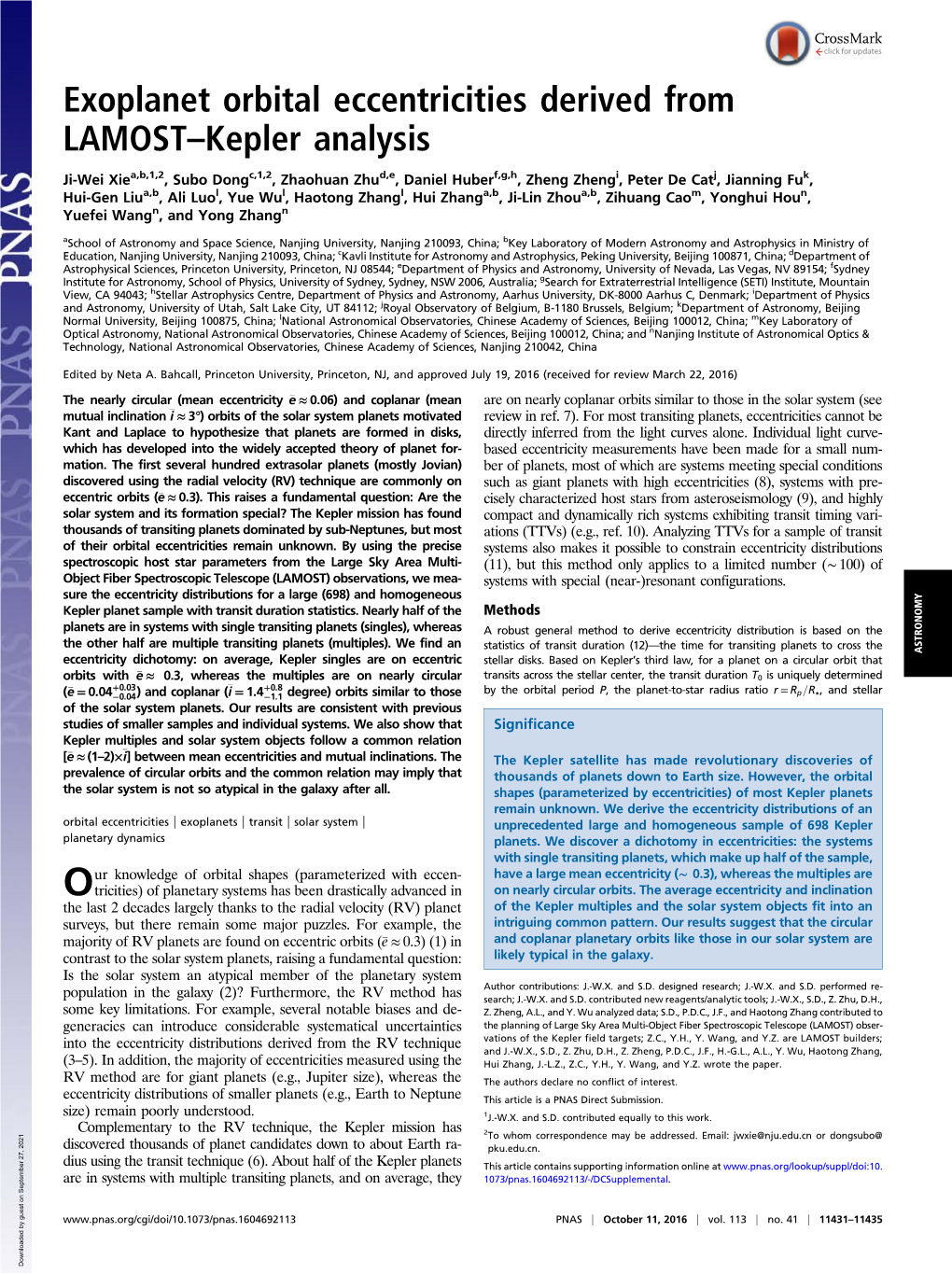 Exoplanet Orbital Eccentricities Derived from LAMOST–Kepler Analysis