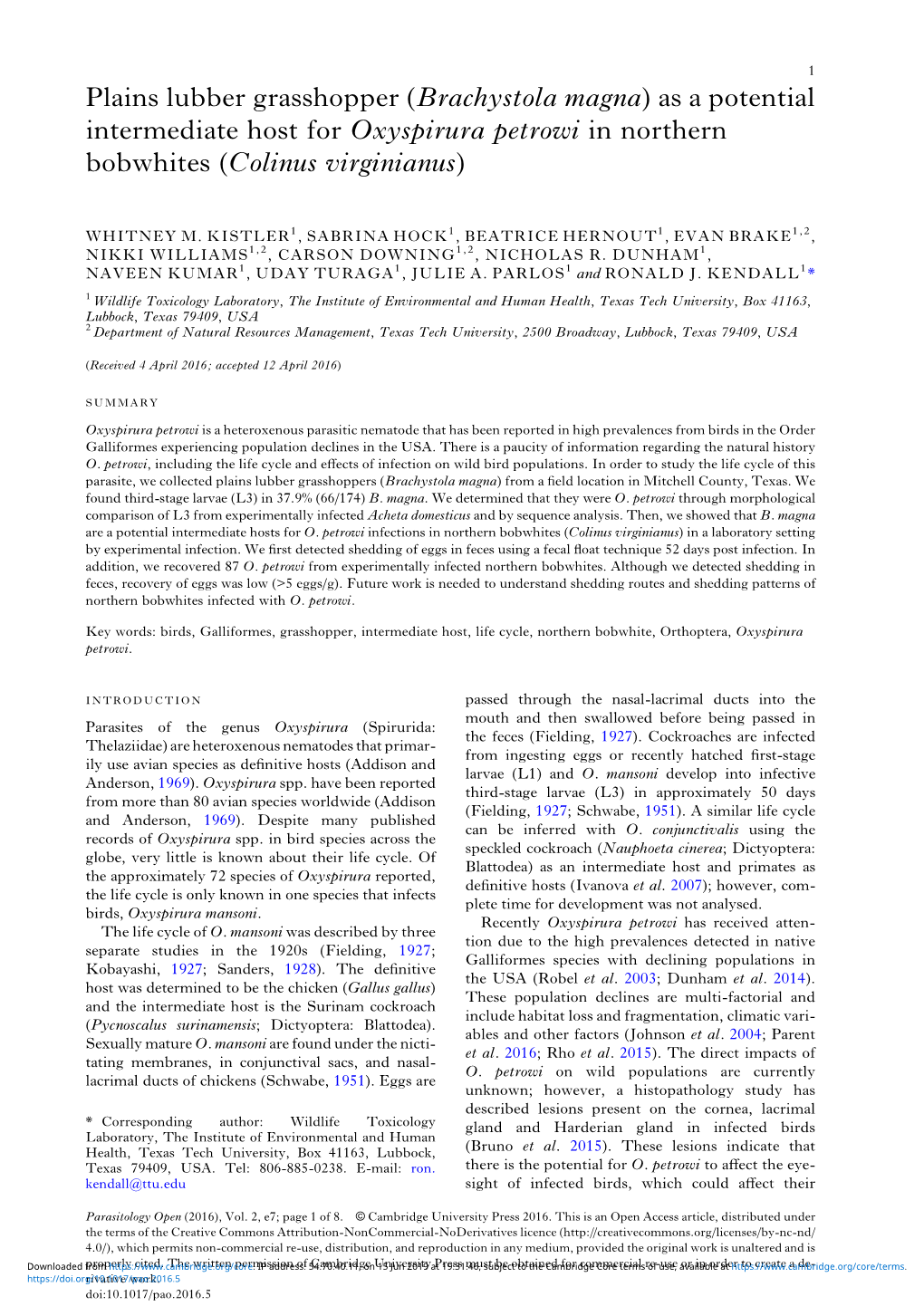 Brachystola Magna) As a Potential Intermediate Host for Oxyspirura Petrowi in Northern Bobwhites (Colinus Virginianus