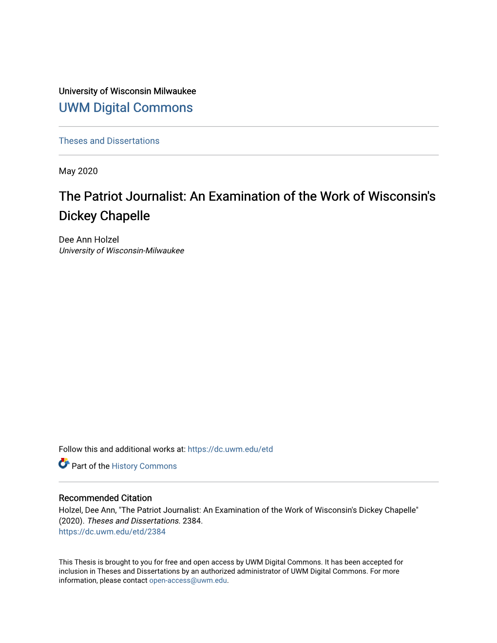 The Patriot Journalist: an Examination of the Work of Wisconsin's Dickey Chapelle