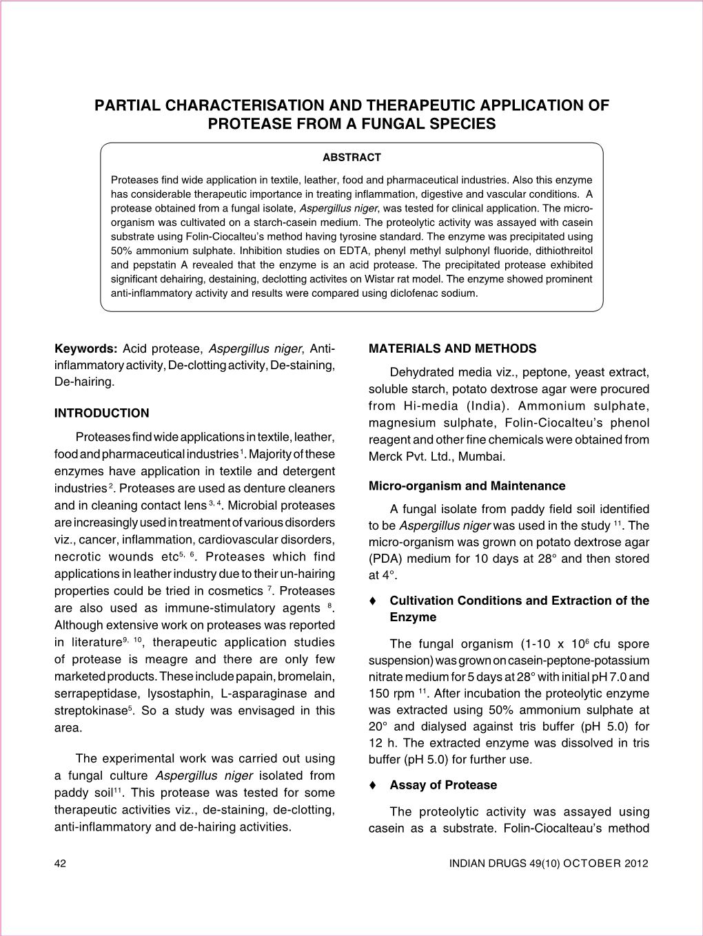 Partial Characterisation and Therapeutic Application of Protease from a Fungal Species