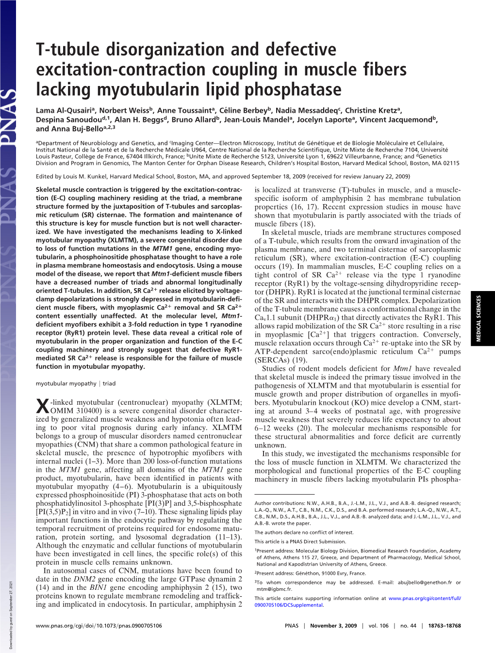 T-Tubule Disorganization and Defective Excitation-Contraction Coupling in Muscle Fibers Lacking Myotubularin Lipid Phosphatase