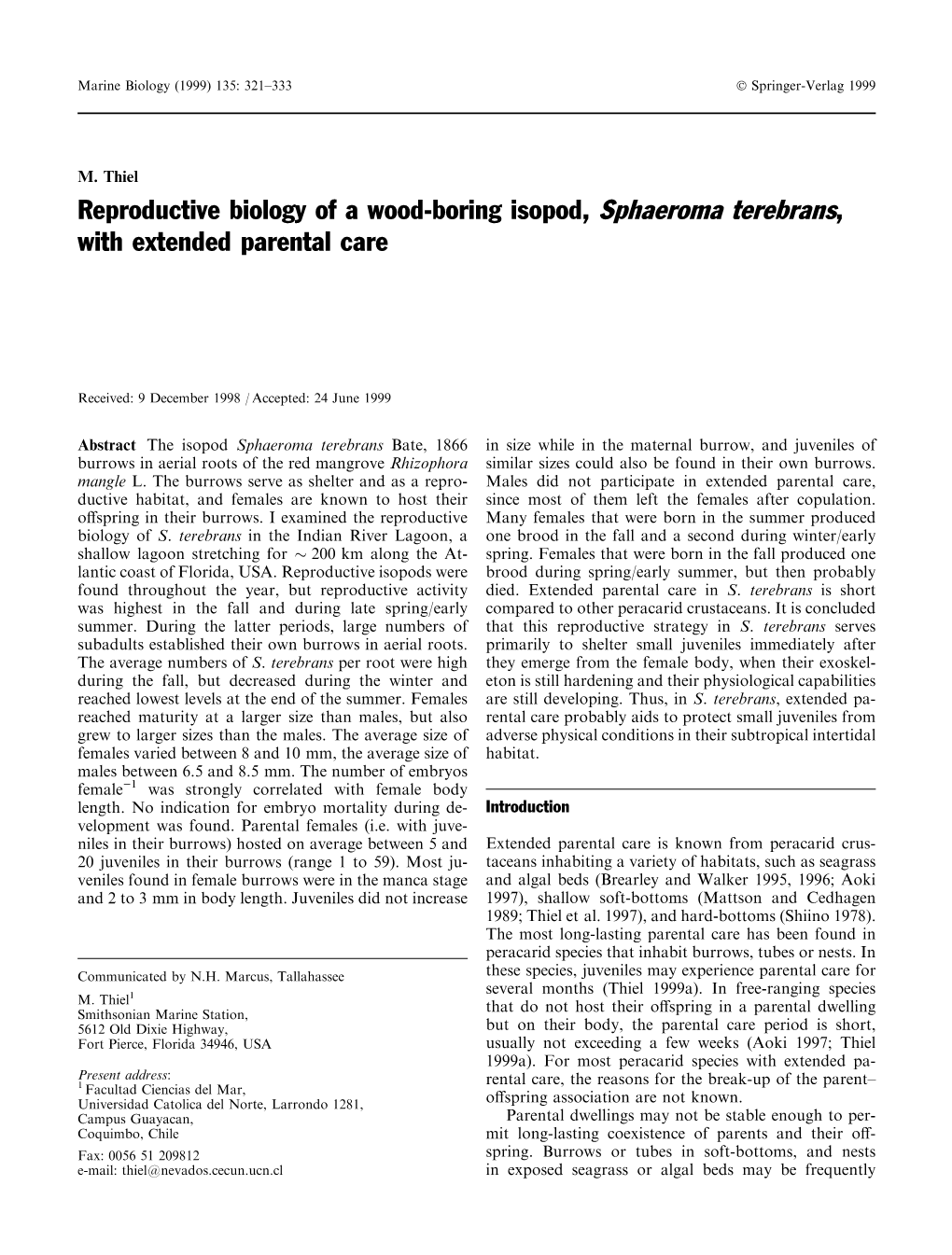 Reproductive Biology of a Wood-Boring Isopod, Sphaeroma Terebrans, with Extended Parental Care