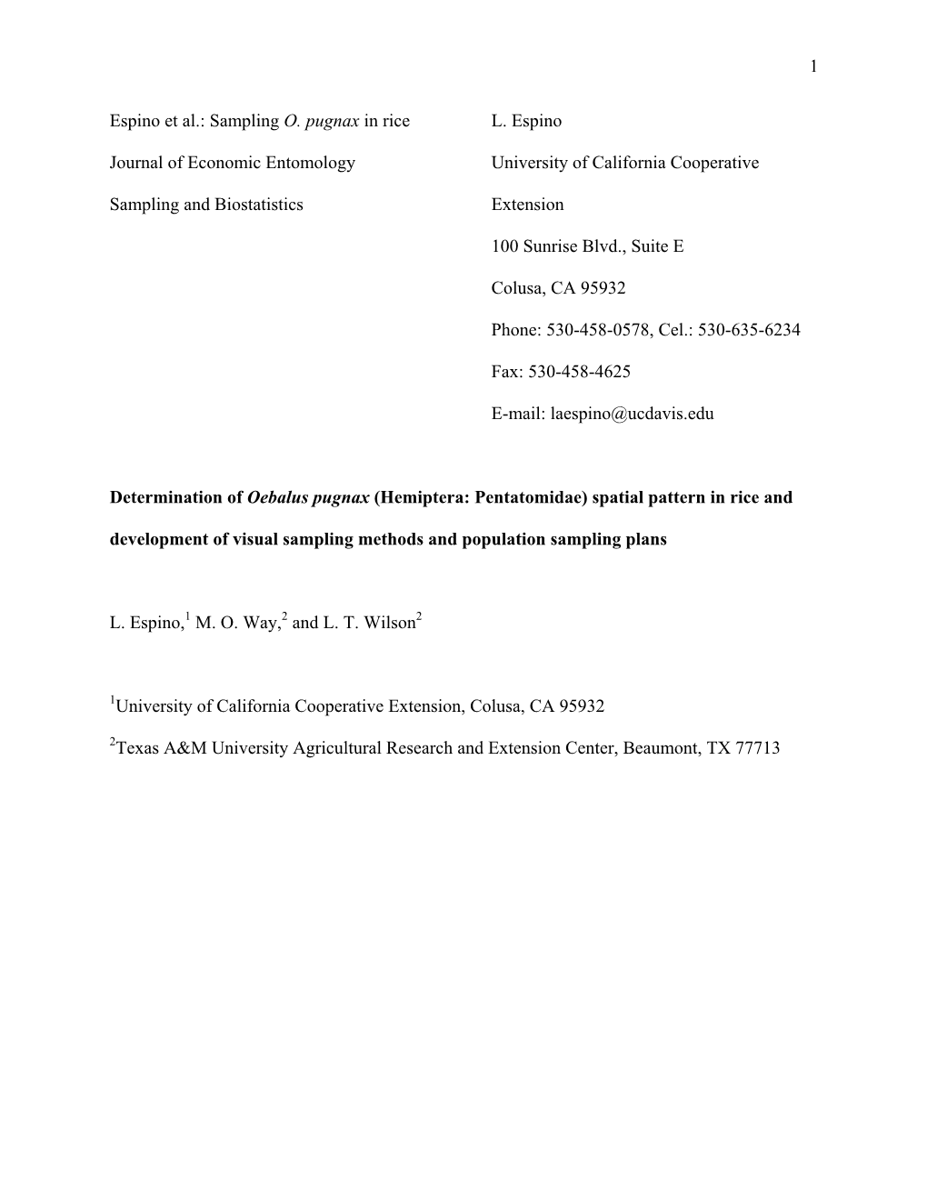 Determination of Oebalus Pugnax (Hemiptera: Pentatomidae) Spatial Pattern in Rice and Development of Visual Sampling Methods and Population Sampling Plans