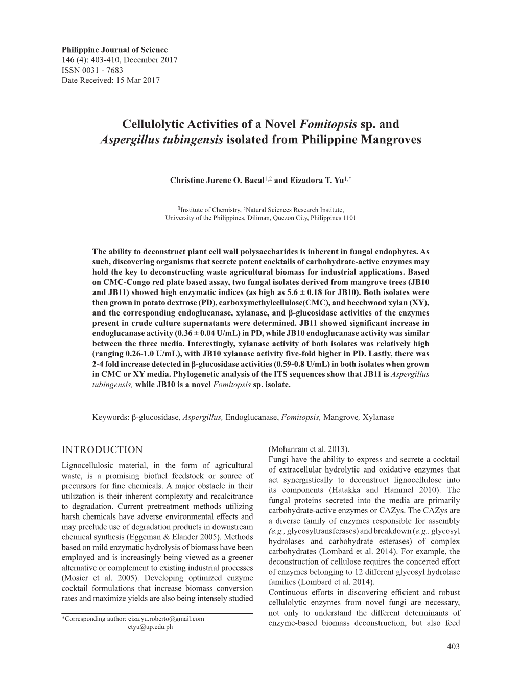 Cellulolytic Activities of a Novel Fomitopsis Sp. and Aspergillus Tubingensis Isolated from Philippine Mangroves