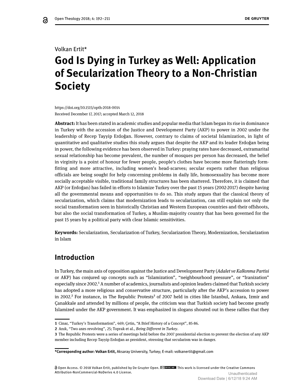 God Is Dying in Turkey As Well: Application of Secularization Theory to a Non-Christian Society