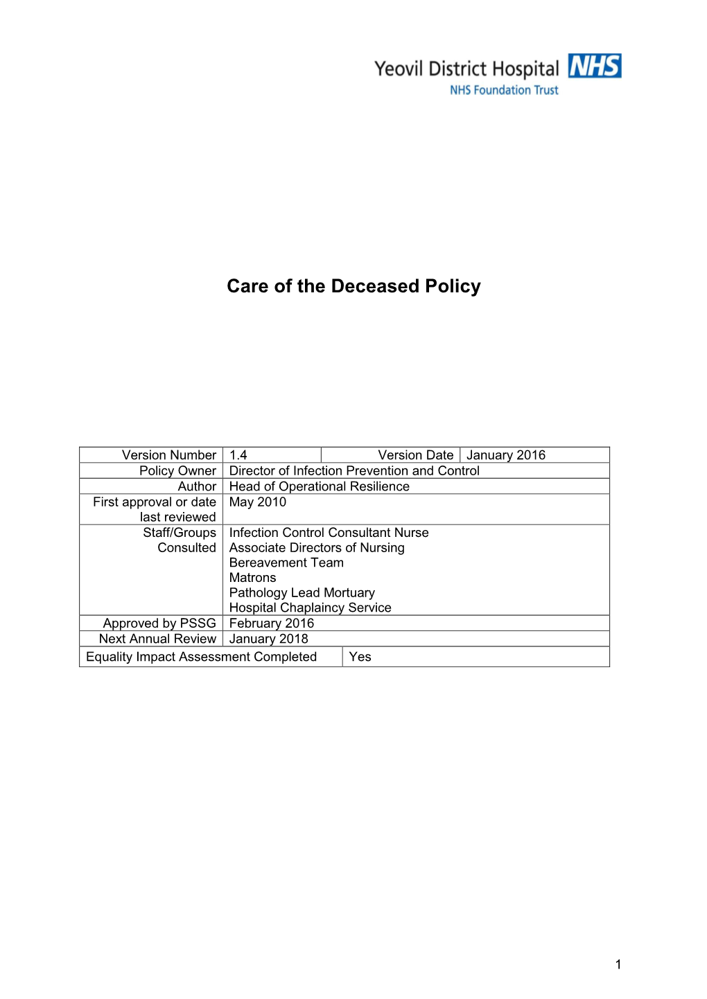 Care of the Deceased Policy