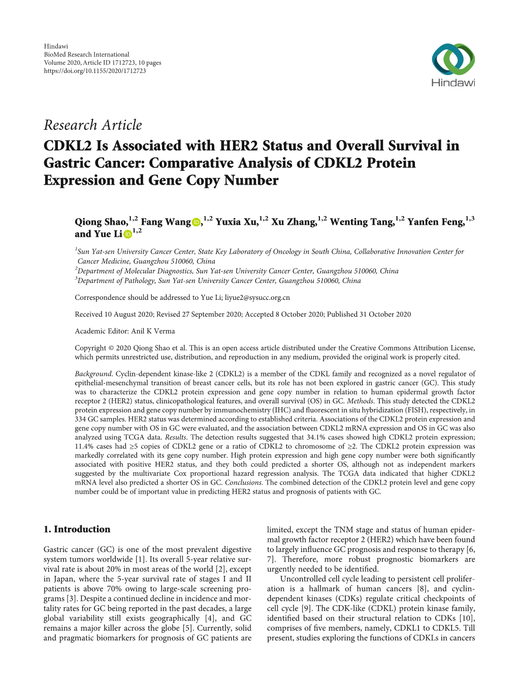 CDKL2 Is Associated with HER2 Status and Overall Survival in Gastric Cancer: Comparative Analysis of CDKL2 Protein Expression and Gene Copy Number