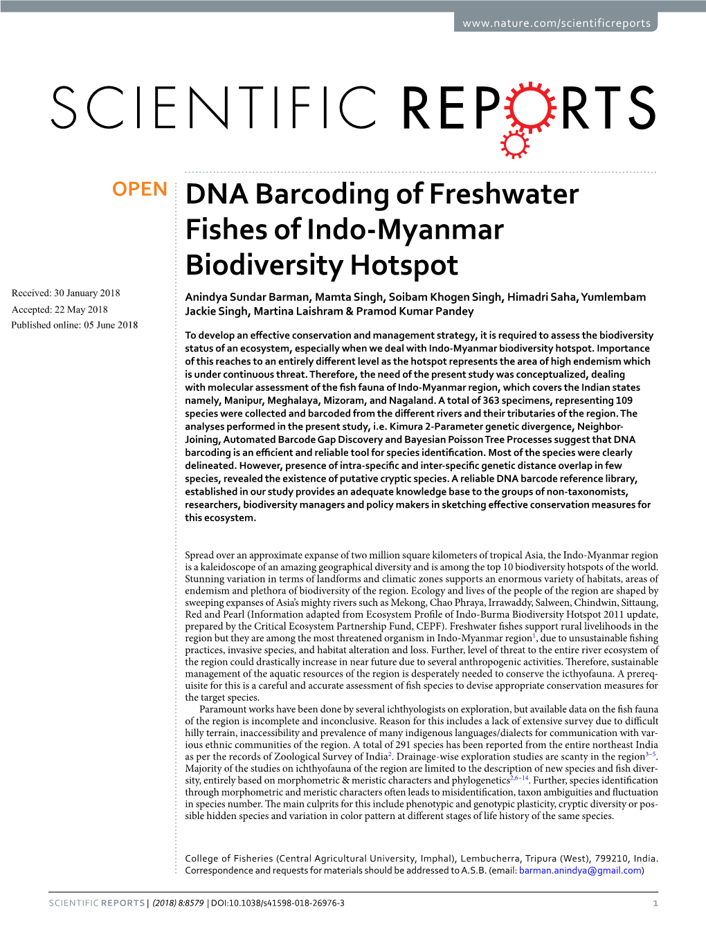 DNA Barcoding of Freshwater Fishes of Indo-Myanmar Biodiversity Hotspot