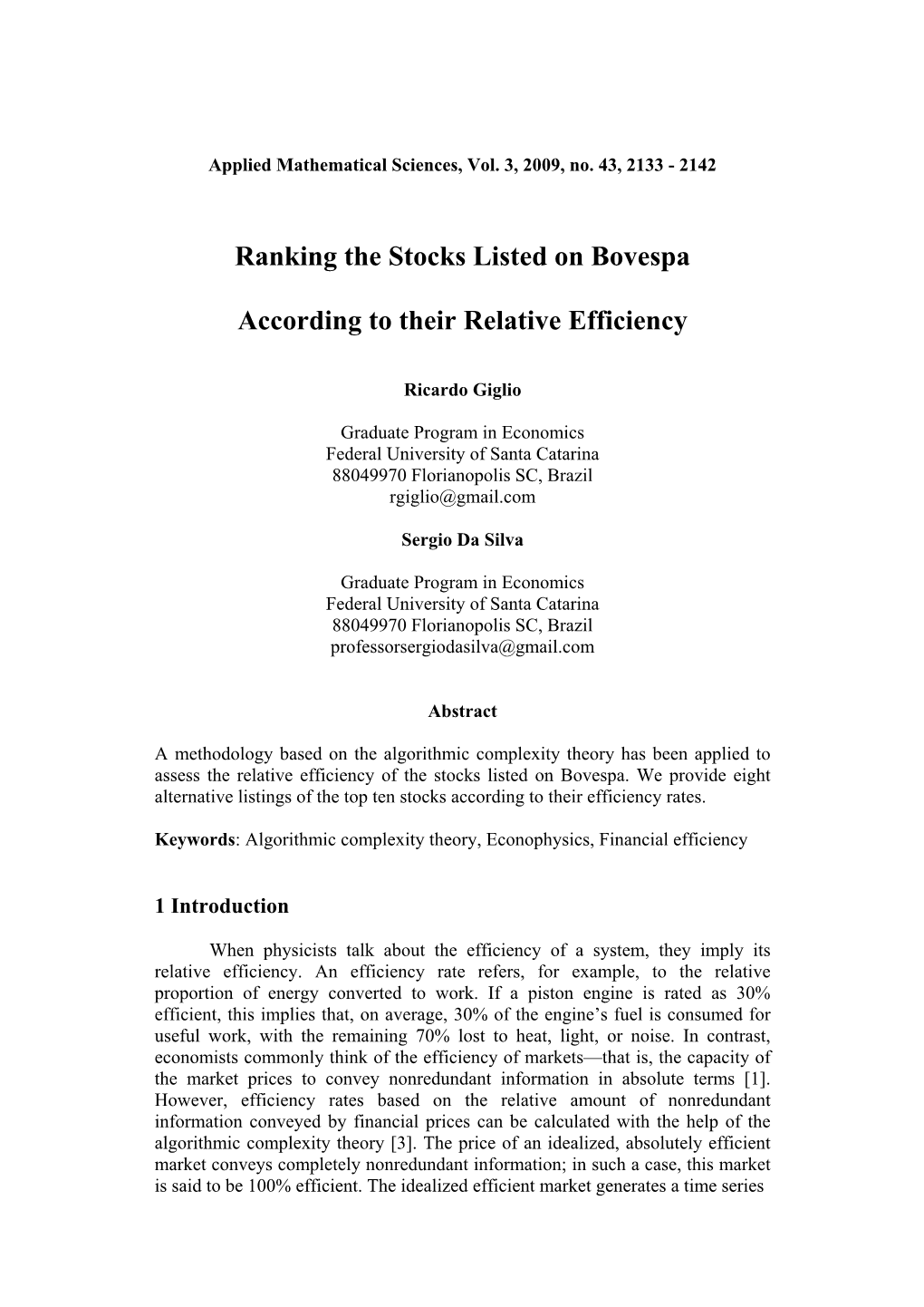 Ranking the Stocks Listed on Bovespa According to Their