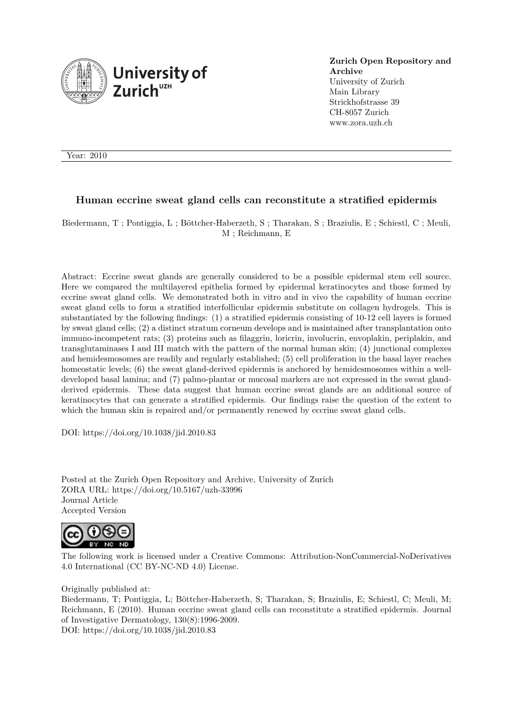 Human Eccrine Sweat Gland Cells Can Reconstitute a Stratified Epidermis