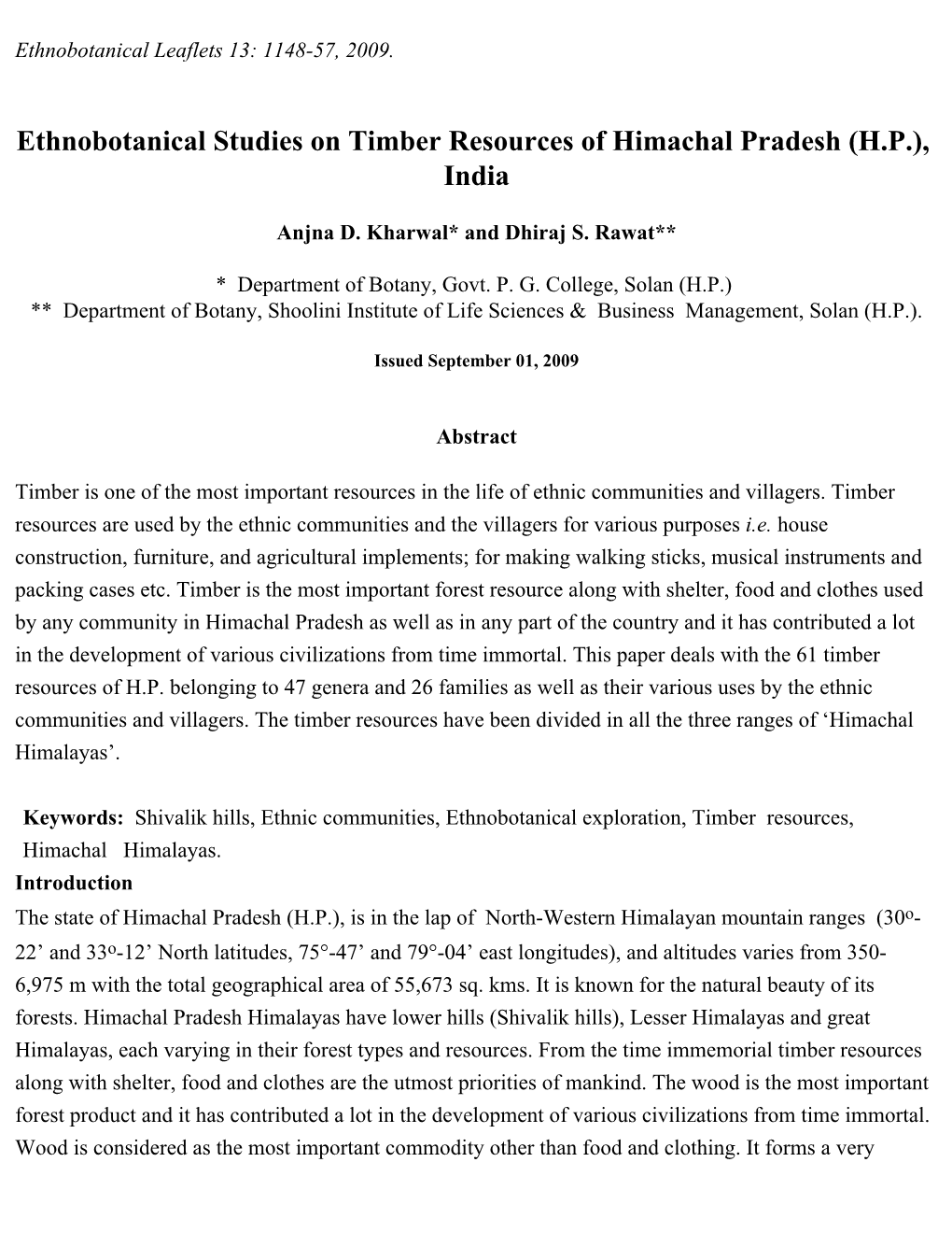 Ethnobotanical Studies on Timber Resources of Himachal Pradesh (H.P.), India