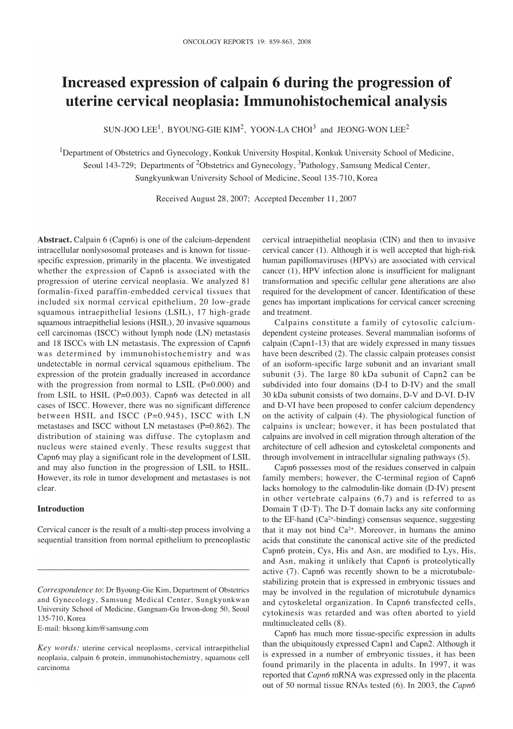 Increased Expression of Calpain 6 During the Progression of Uterine Cervical Neoplasia: Immunohistochemical Analysis