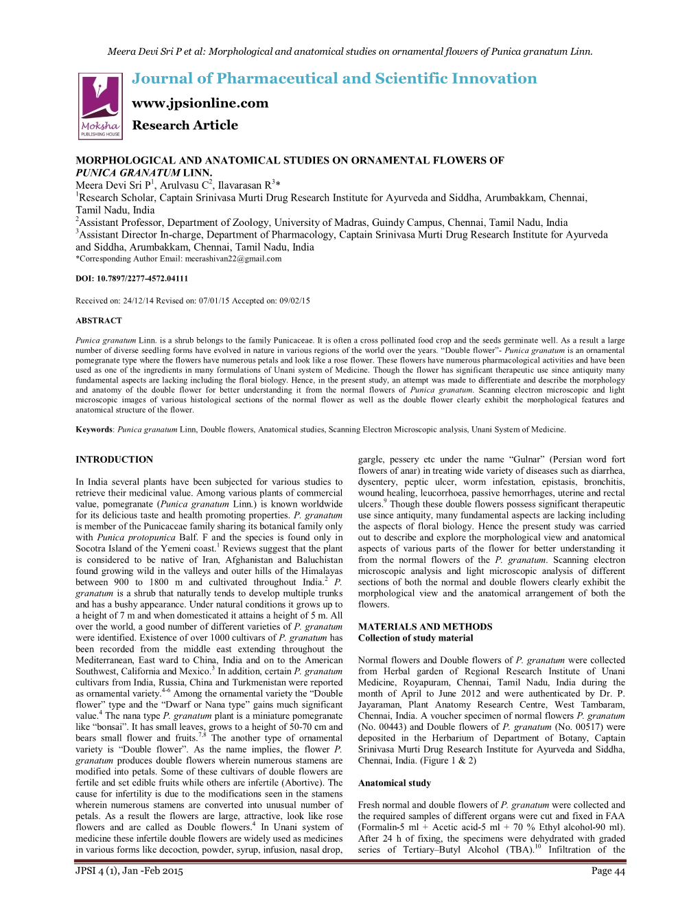 Morphological and Anatomical Studies on Ornamental Flowers of Punica Granatum Linn