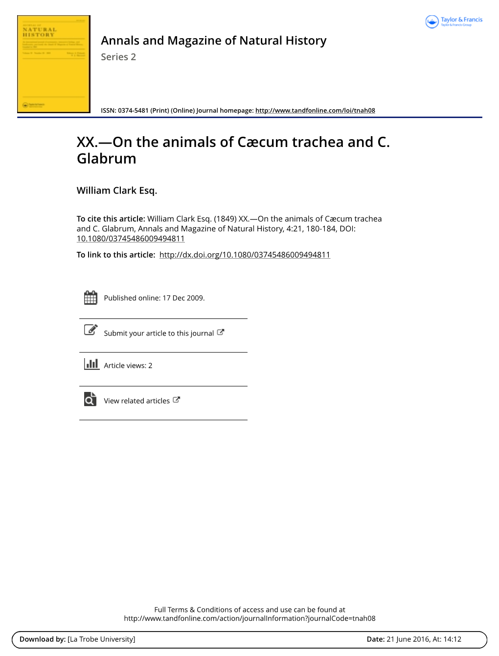 XX.—On the Animals of Cæcum Trachea and C. Glabrum