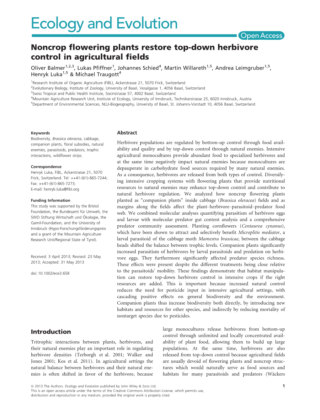 Noncrop Flowering Plants Restore Topdown Herbivore Control In