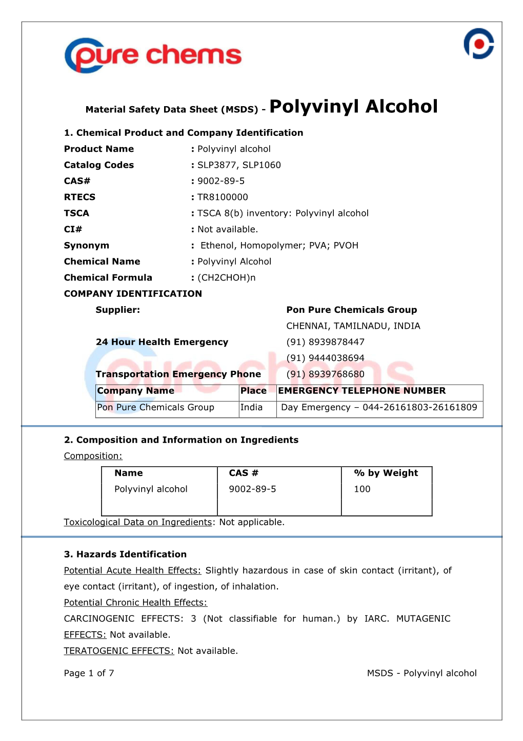 Polyvinyl Alcohol Material Safety Data Sheet (MSDS)