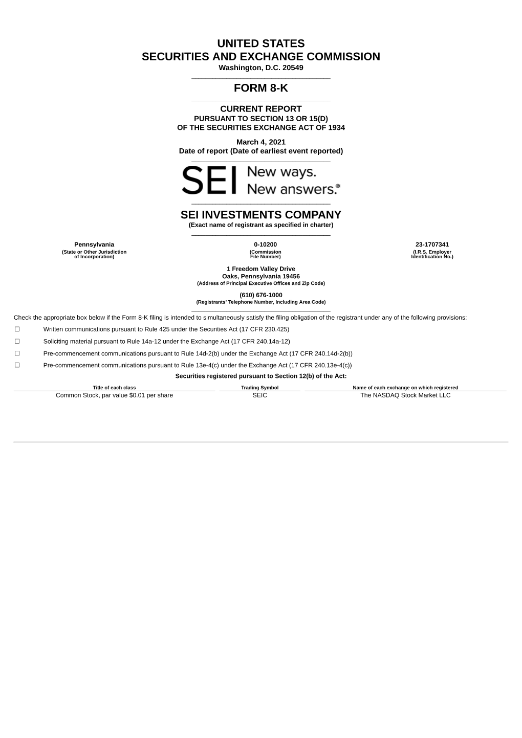 United States Securities and Exchange Commission Form 8-K Sei Investments Company