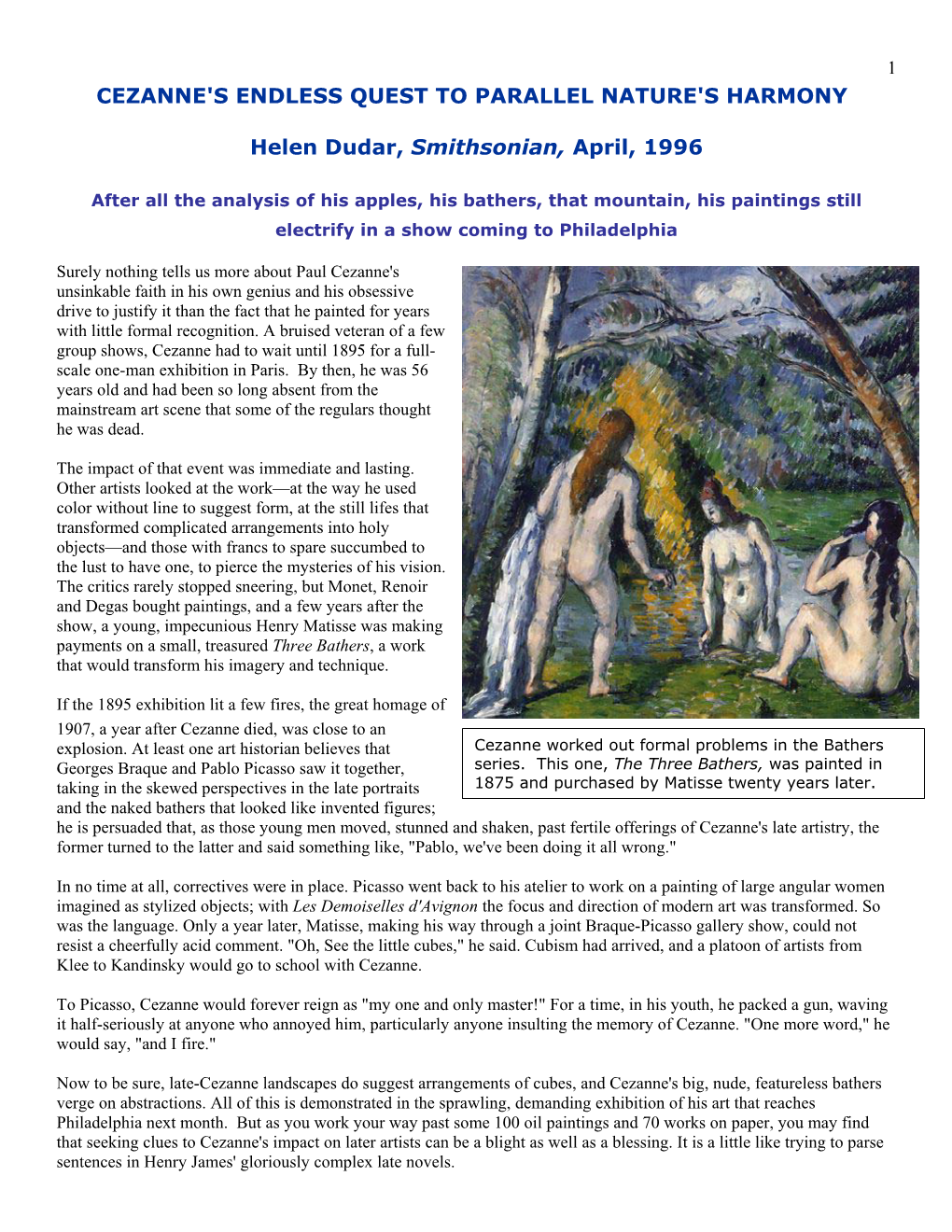 CEZANNE's ENDLESS QUEST to PARALLEL NATURE's HARMONY Helen Dudar, Smithsonian, April, 1996