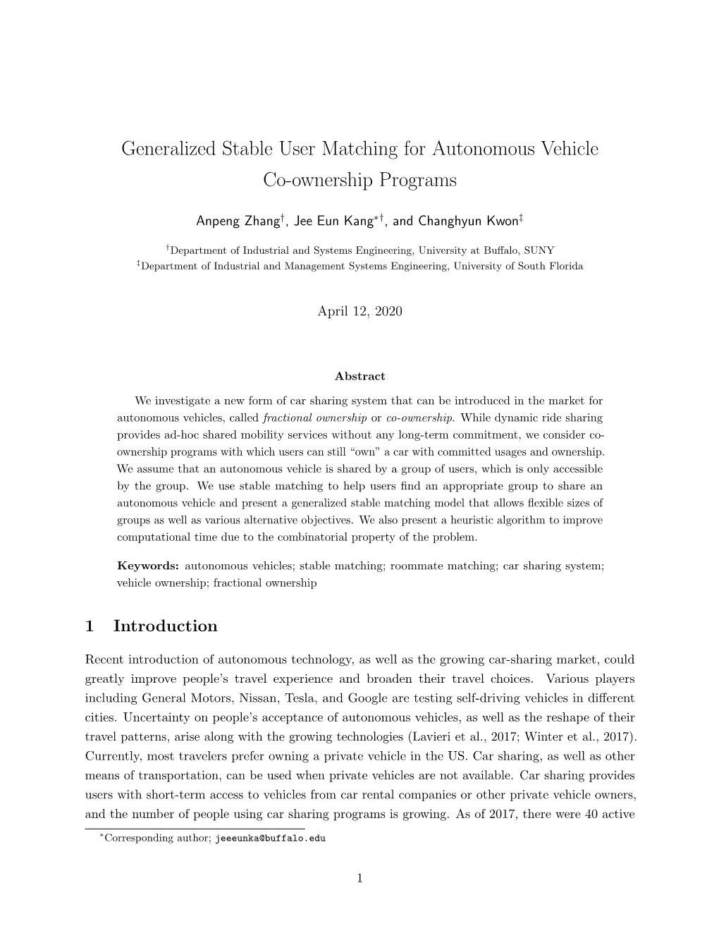 Generalized Stable User Matching for Autonomous Vehicle Co-Ownership Programs