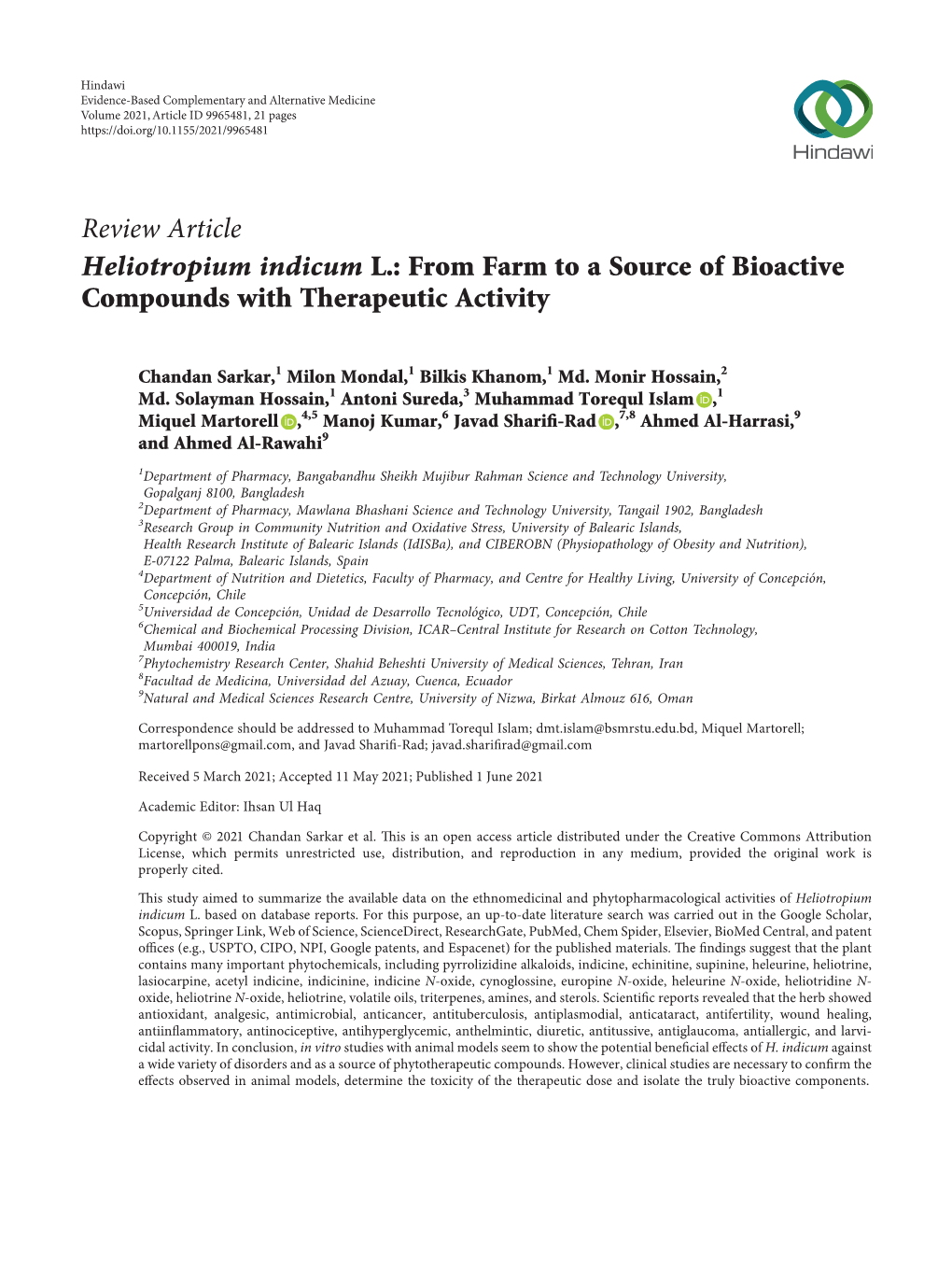 Heliotropium Indicum L.: from Farm to a Source of Bioactive Compounds with Therapeutic Activity