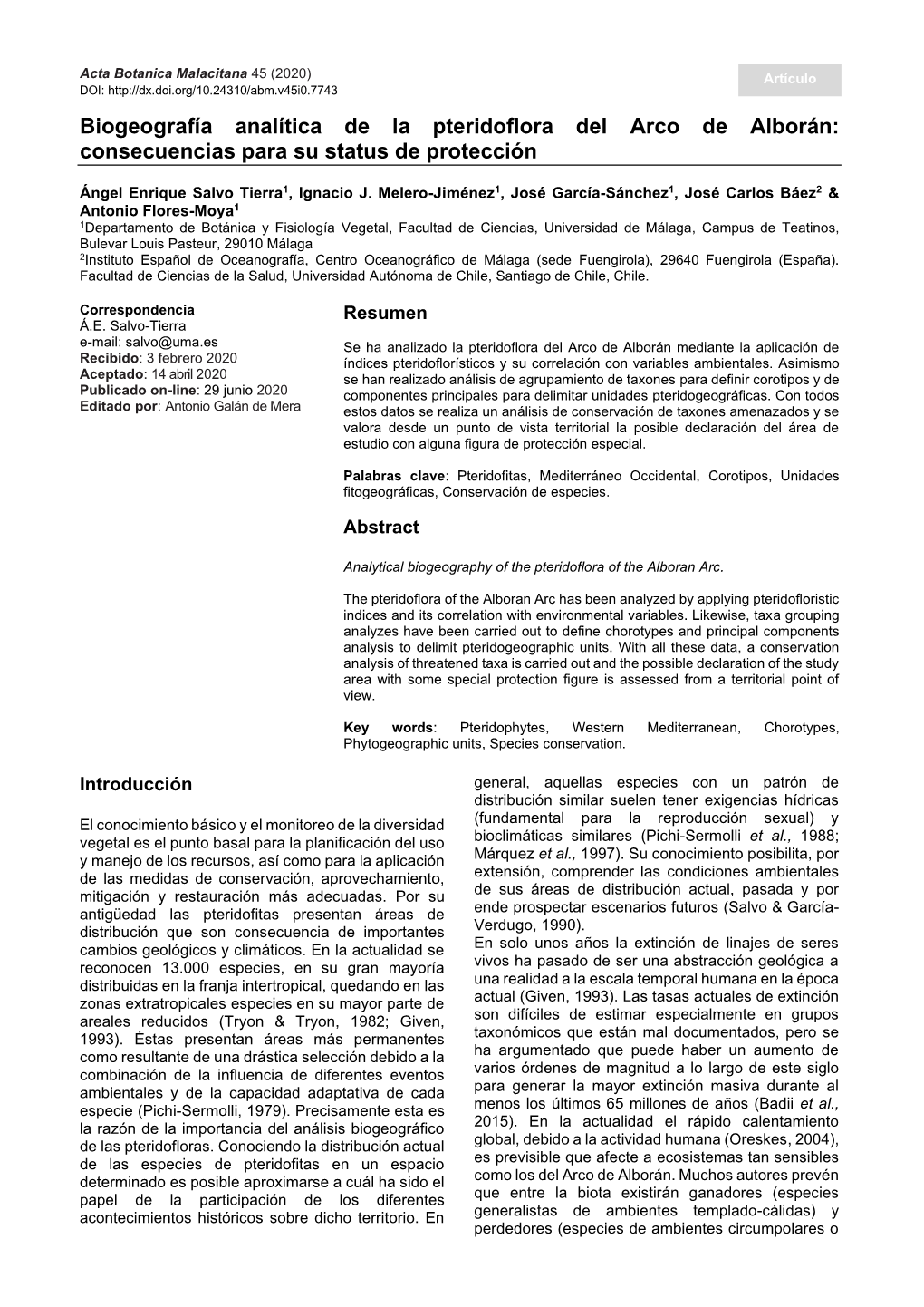 Biogeografía Analítica De La Pteridoflora Del Arco De Alborán: Consecuencias Para Su Status De Protección