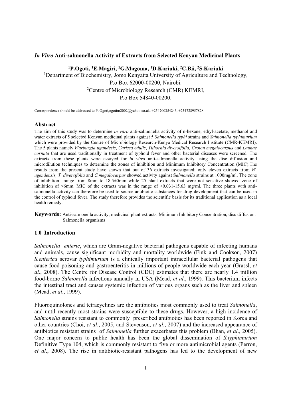 1 in Vitro Anti-Salmonella Activity of Extracts from Selected Kenyan