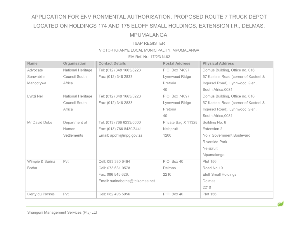 Proposed Route 7 Truck Depot Located on Holdings 174 and 175 Eloff Small Holdings, Extension I.R., Delmas, Mpumalanga