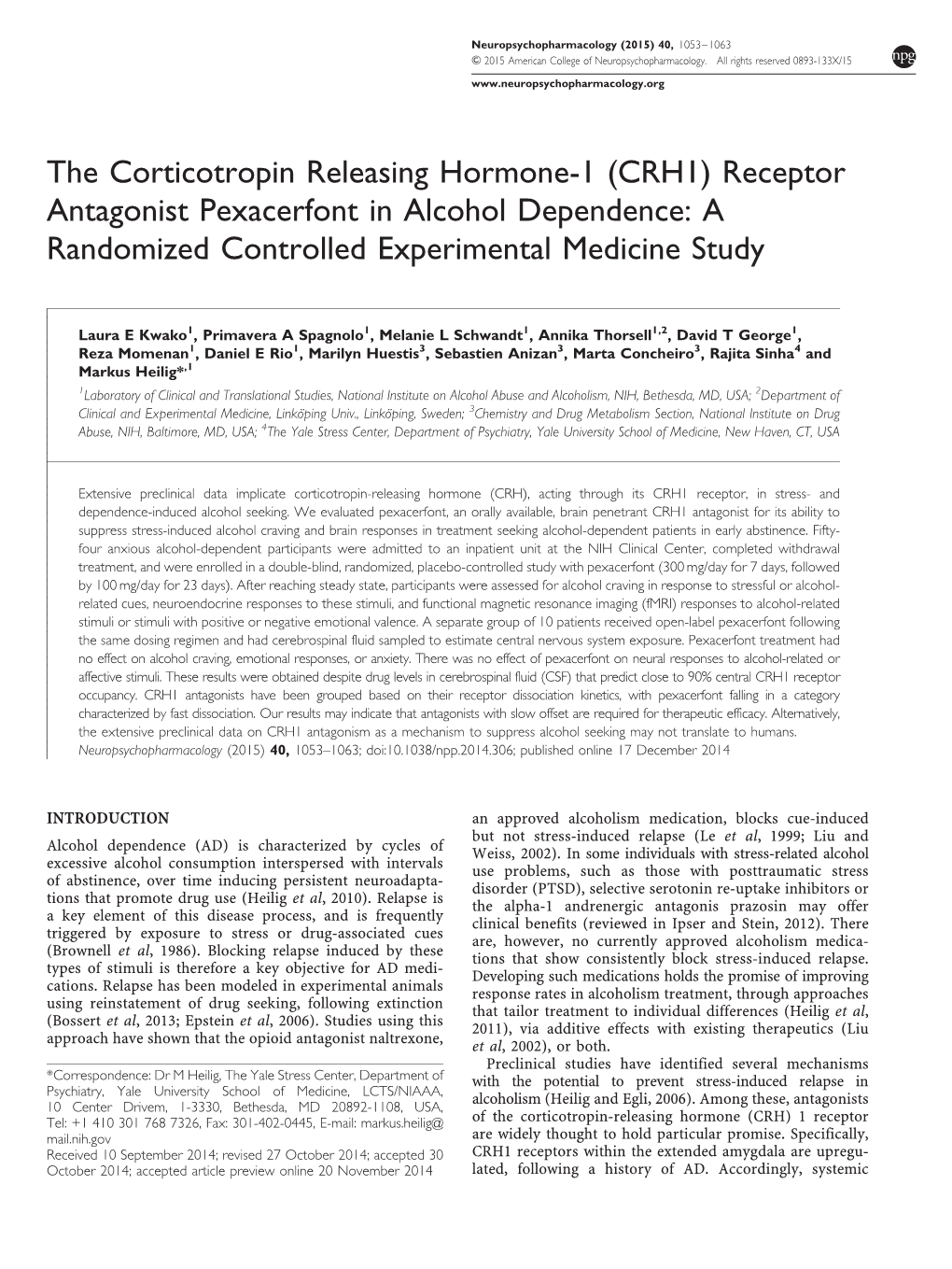 Receptor Antagonist Pexacerfont in Alcohol Dependence: a Randomized Controlled Experimental Medicine Study