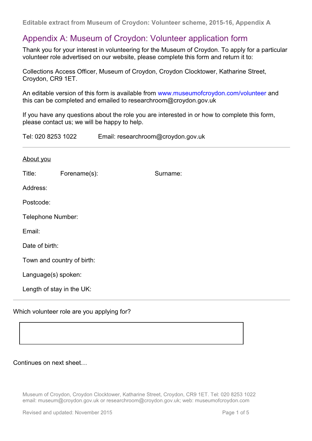 Editable Extract from Museum of Croydon: Volunteer Scheme, 2015-16, Appendix A