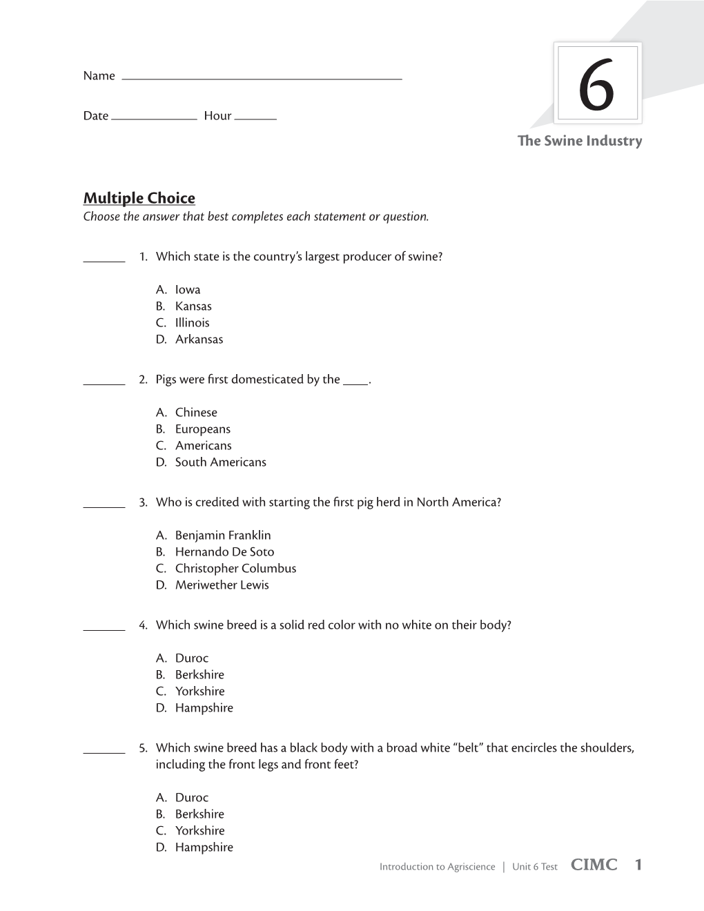 Multiple Choice Choose the Answer That Best Completes Each Statement Or Question