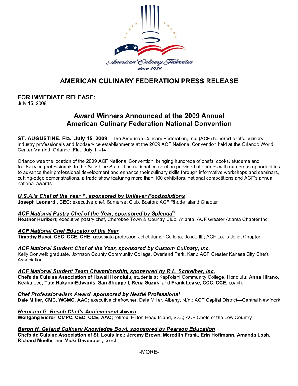 Award Winners Announced at the 2009 Annual American Culinary Federation National Convention