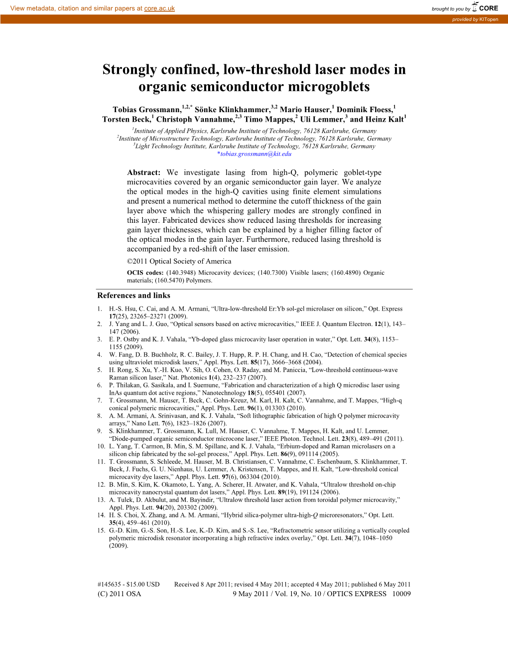 Strongly Confined, Low-Threshold Laser Modes in Organic Semiconductor Microgoblets