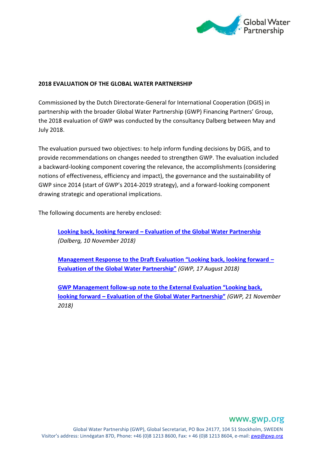 Looking Back, Looking Forward – Evaluation of the Global Water Partnership (Dalberg, 10 November 2018)