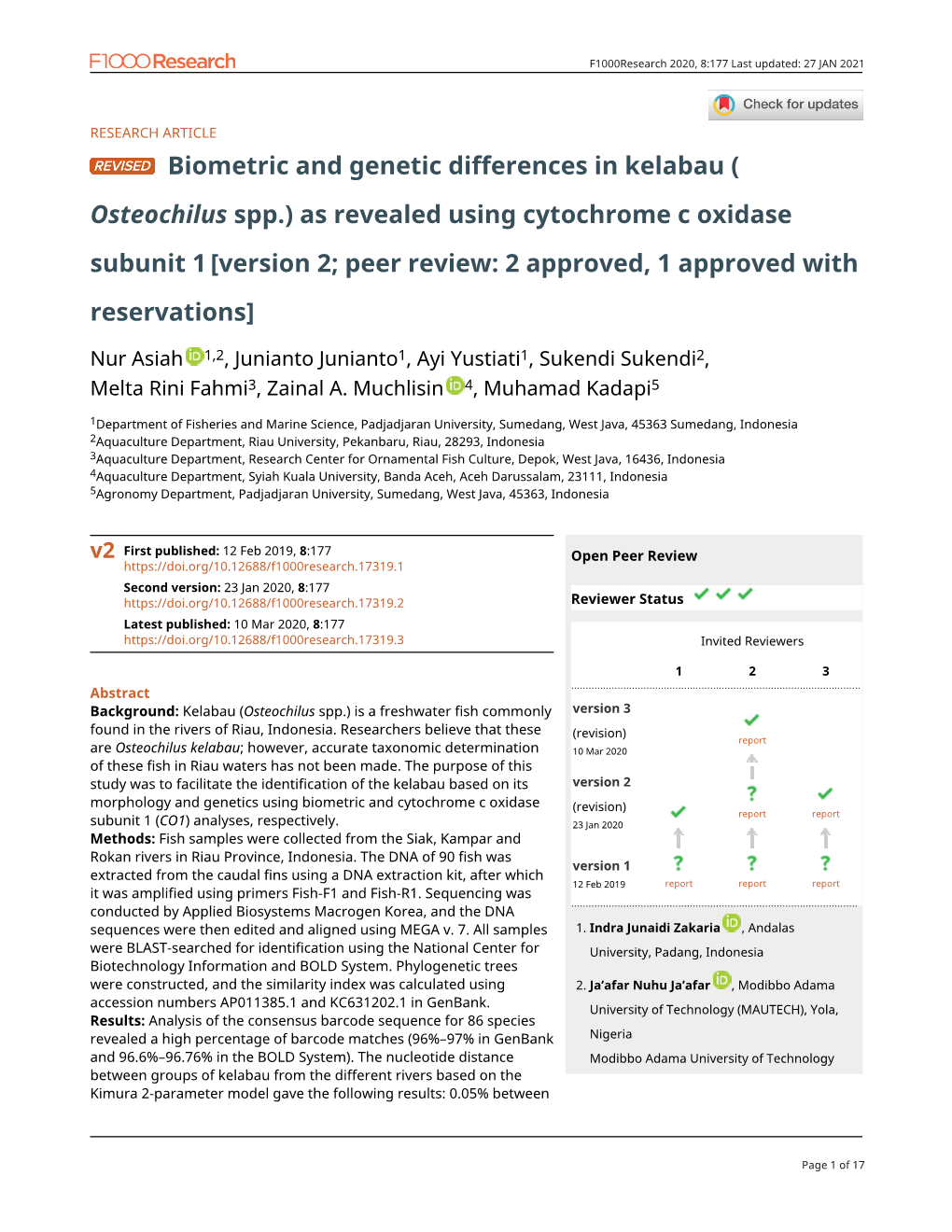 Biometric and Genetic Differences in Kelabau ( Osteochilus Spp.)