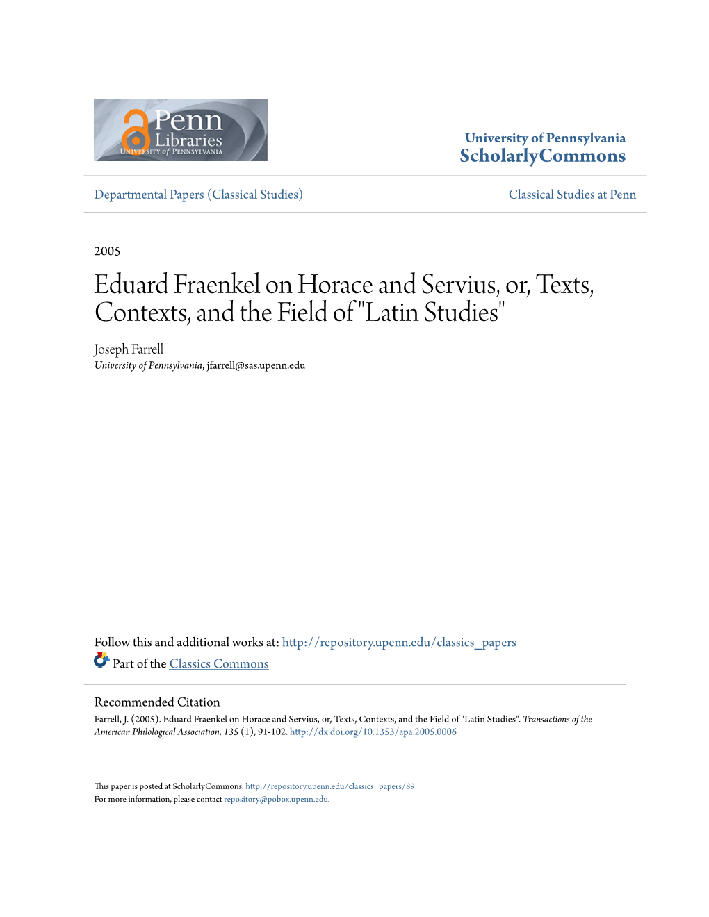 Eduard Fraenkel on Horace and Servius, Or, Texts, Contexts, and the Field of 