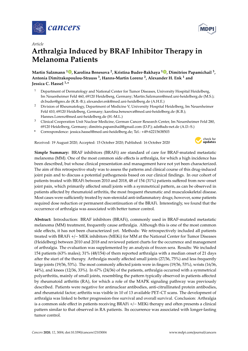 Arthralgia Induced by BRAF Inhibitor Therapy in Melanoma Patients