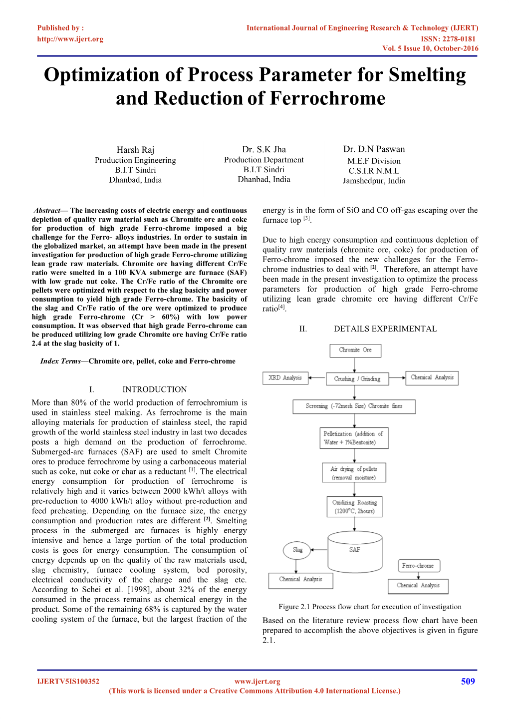 Optimization of Process Parameter for Smelting and Reduction of Ferrochrome