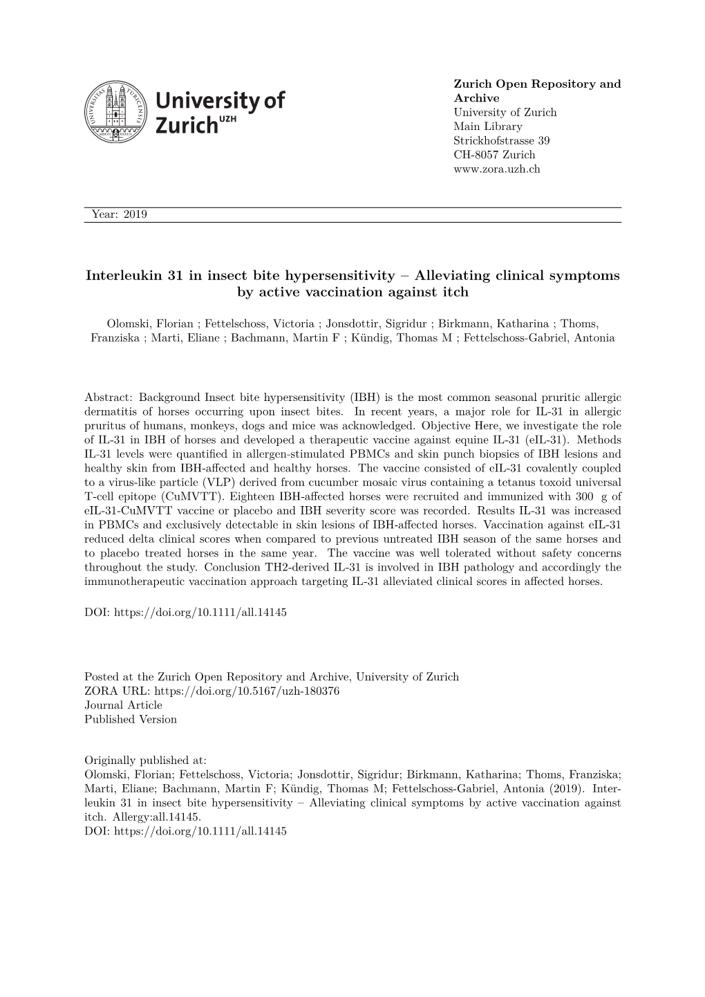 Interleukin 31 in Insect Bite Hypersensitivity – Alleviating Clinical Symptoms by Active Vaccination Against Itch